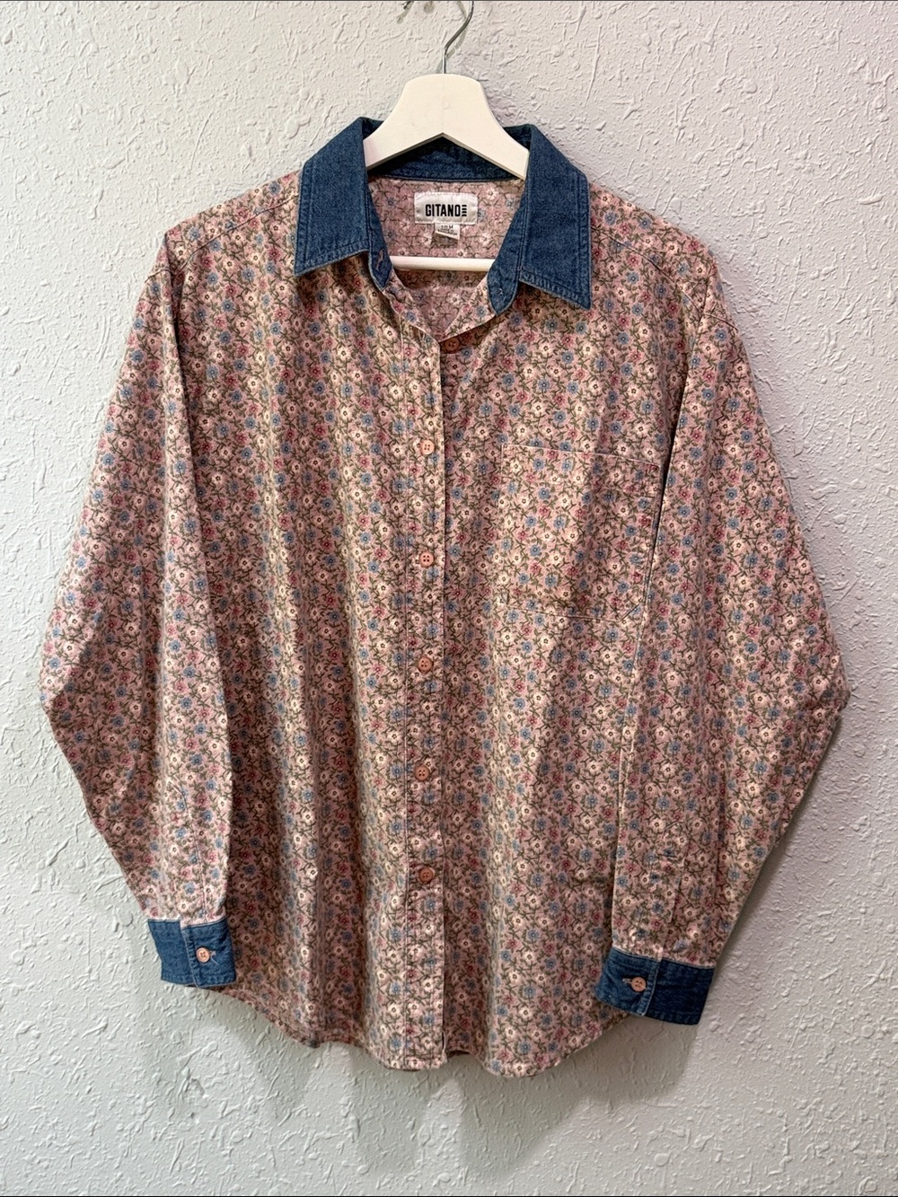 Gitano Pink Floral Button-Down Shirt with Denim Trim Size M Cottagecore